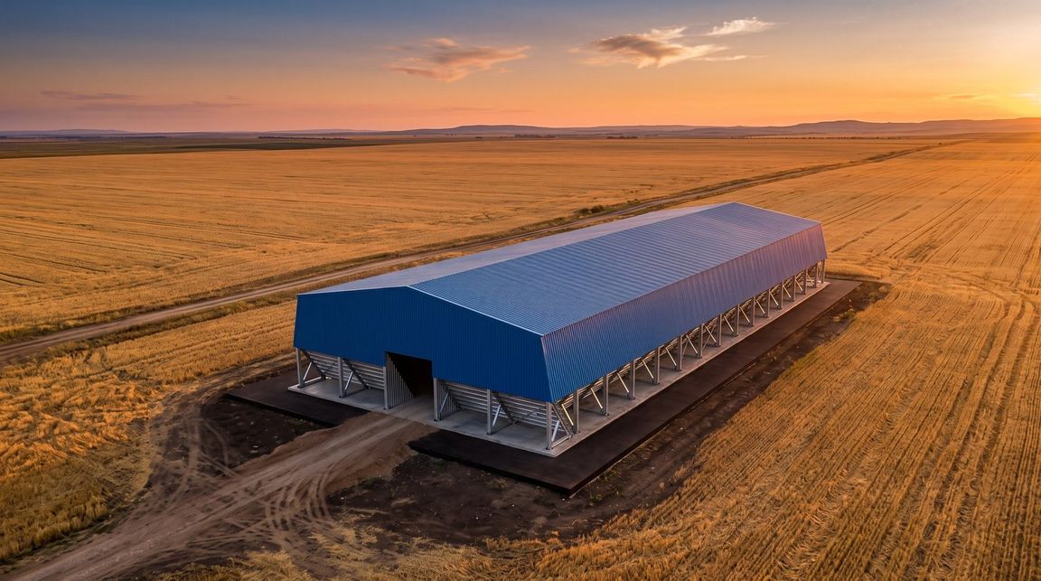 Визуализация зернохранилища Steppe Steel — ангар на винтовых сваях у пшеничного поля