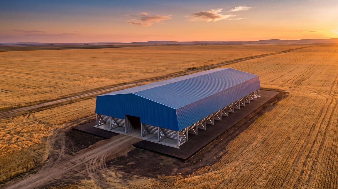 Визуализация: короткое зернохранилище Steppe Steel в степи