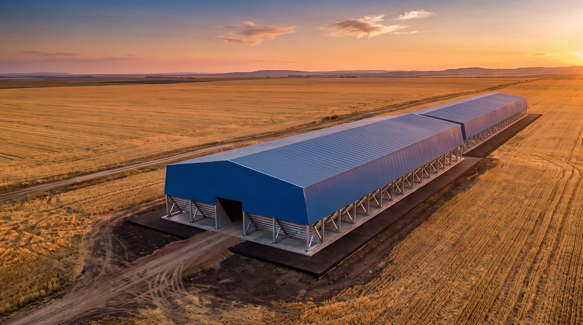 Визуализация: длинное зернохранилище Steppe Steel около 100 метров