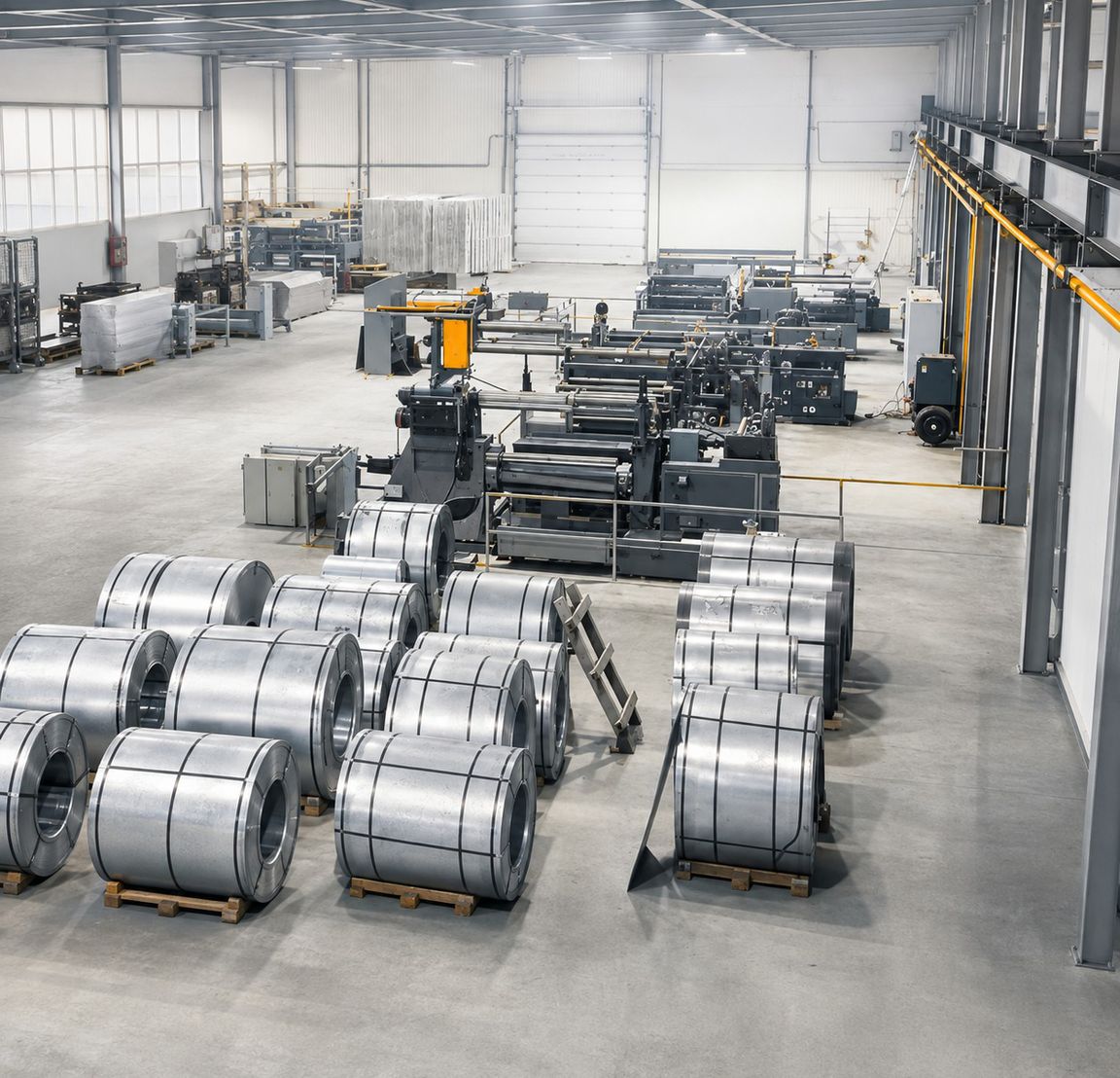 Цех завода Steppe Steel: рулоны оцинкованной стали перед профилированием
